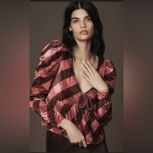 Maeve Anthropologie Velvet Babydoll Top pink brown plaid puff NWT Large